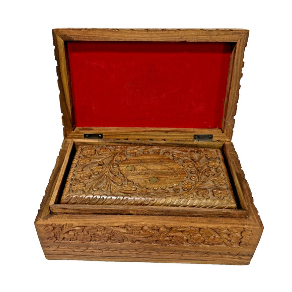 Vintage Carved Wood Nesting Boxes (3) Ornate Hinged Brass Inlay Stacking Jewelry - Picture 5 of 12